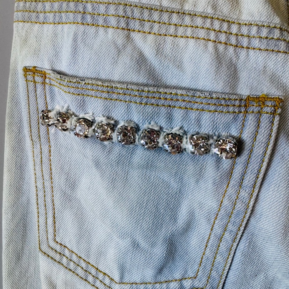 Y2K Blumarine Crystal Studded Acid Wash Distressed Jeans R-9” I-30” Size I44/D38 - Picture 11 of 16